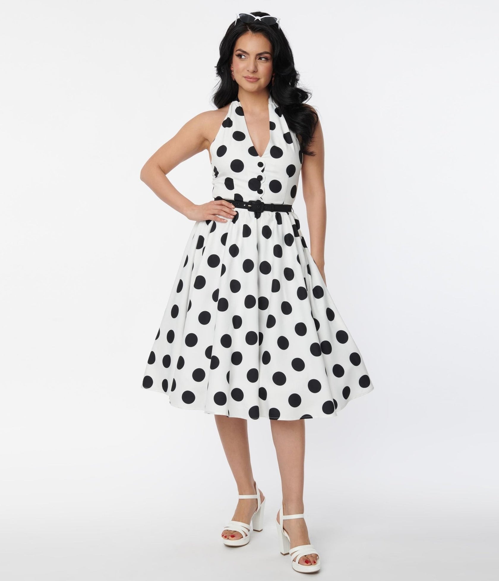 Unique Vintage 1950s White & Black Dot Halter Swing Dress