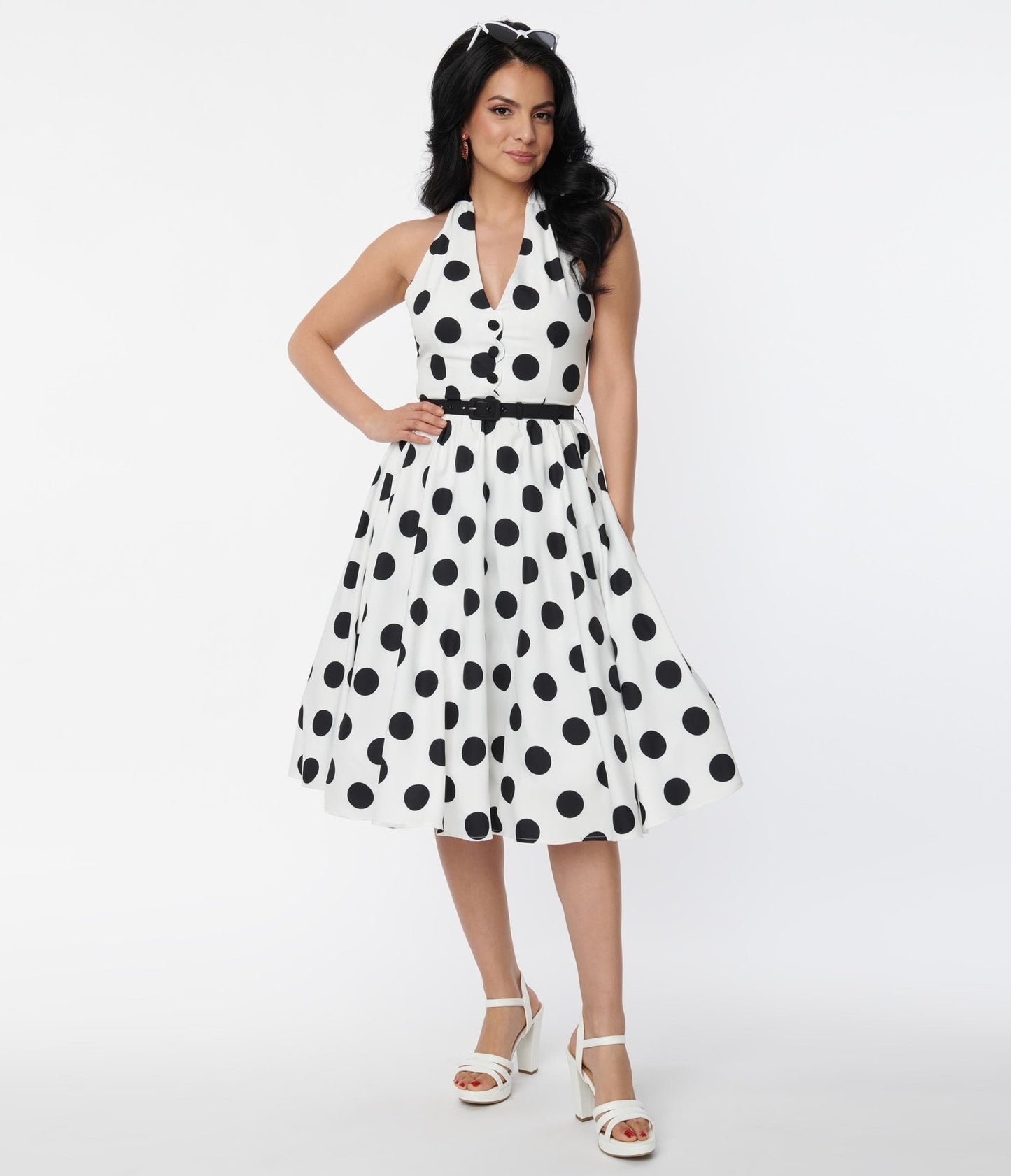 Unique Vintage 1950s White & Black Dot Halter Swing Dress - Unique Vintage - Womens, DRESSES, SWING