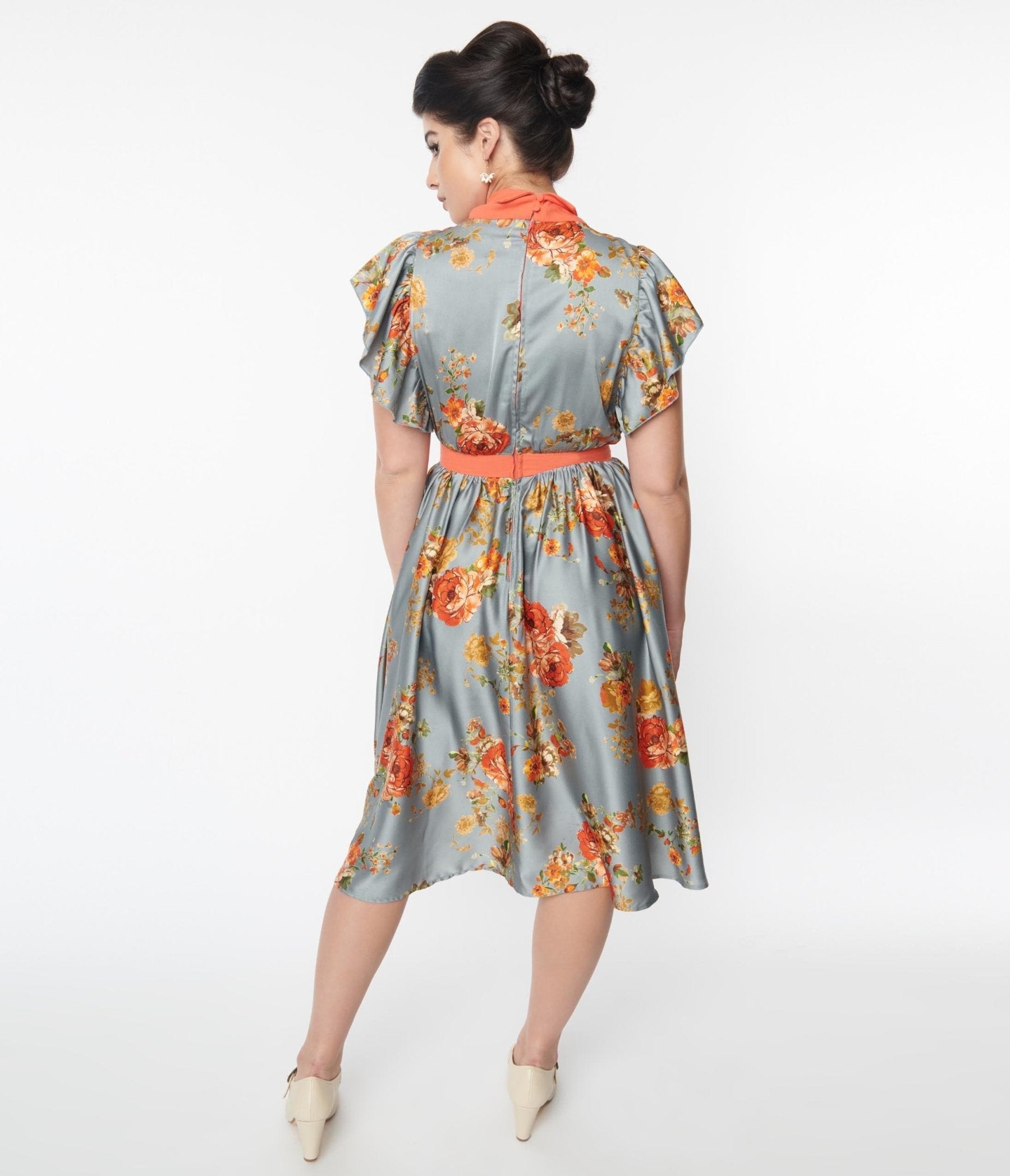 Unique Vintage 1940s Antique Blue Orange Floral Satin Swing Dress