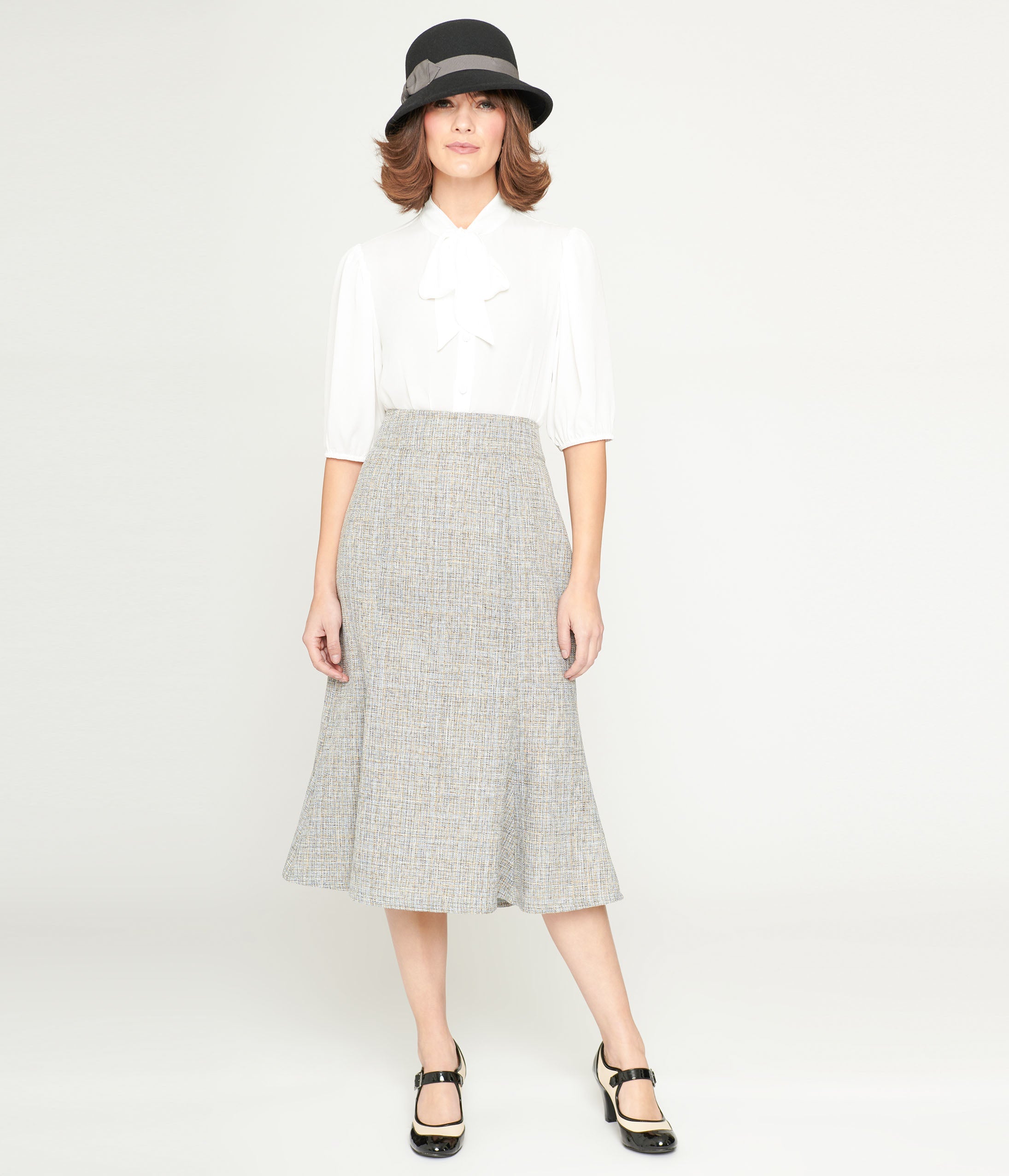 Unique Vintage 1940s Beige Baby Blue Tweed Tina Trumpet Skirt