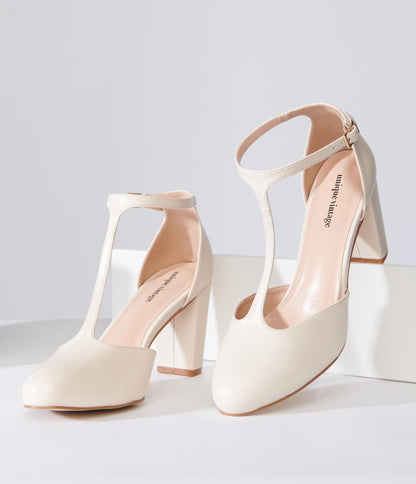 Unique Vintage Beige Leatherette T-Strap Astaire Pumps - Unique Vintage - Womens, SHOES, HEELS