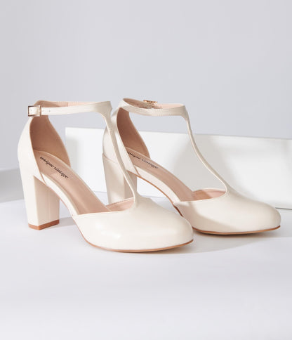 Unique Vintage Beige Leatherette T-Strap Astaire Pumps - Unique Vintage - Womens, SHOES, HEELS