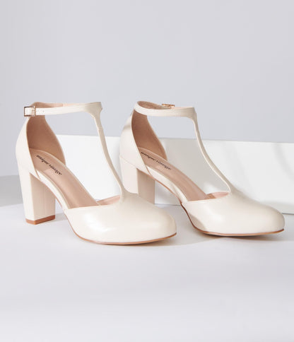 Unique Vintage Beige Leatherette T-Strap Astaire Pumps - Unique Vintage - Womens, SHOES, HEELS