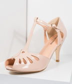 Unique Vintage Beige Patent Leatherette T-Strap Everly Pumps - Unique Vintage - Womens, SHOES, HEELS
