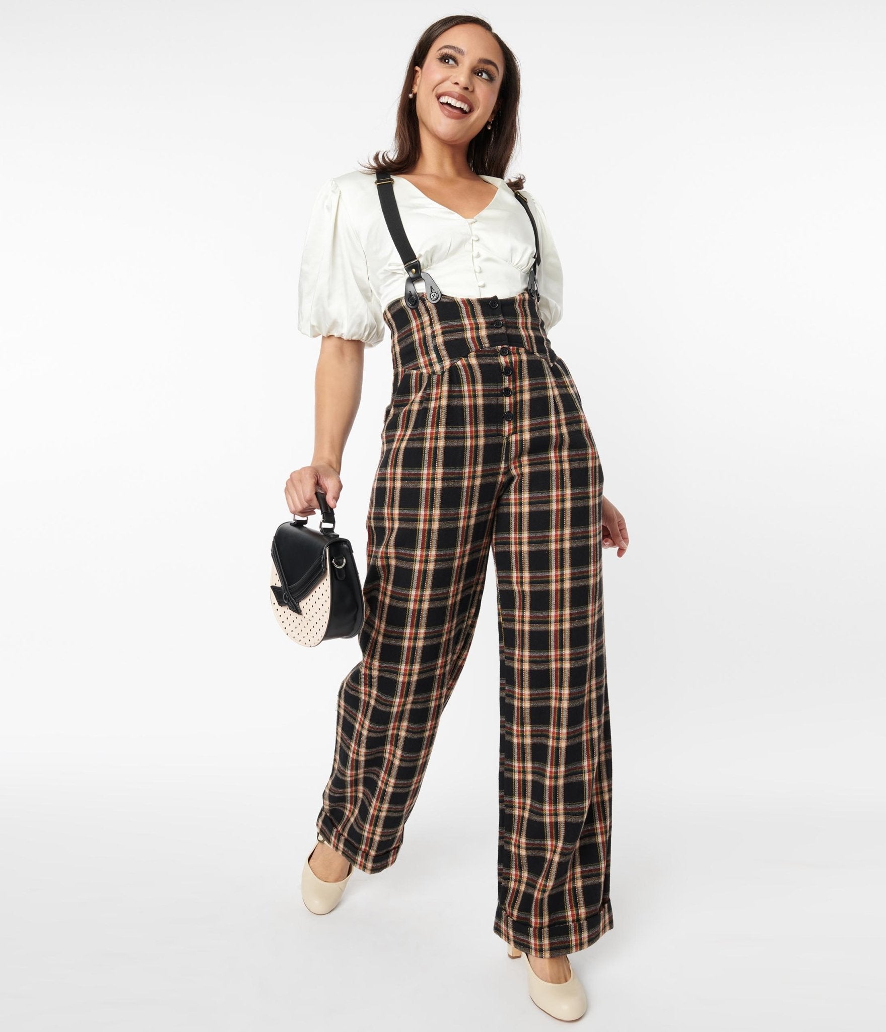 Unique Vintage 1930s Black Auburn Plaid Thelma Suspender Pants
