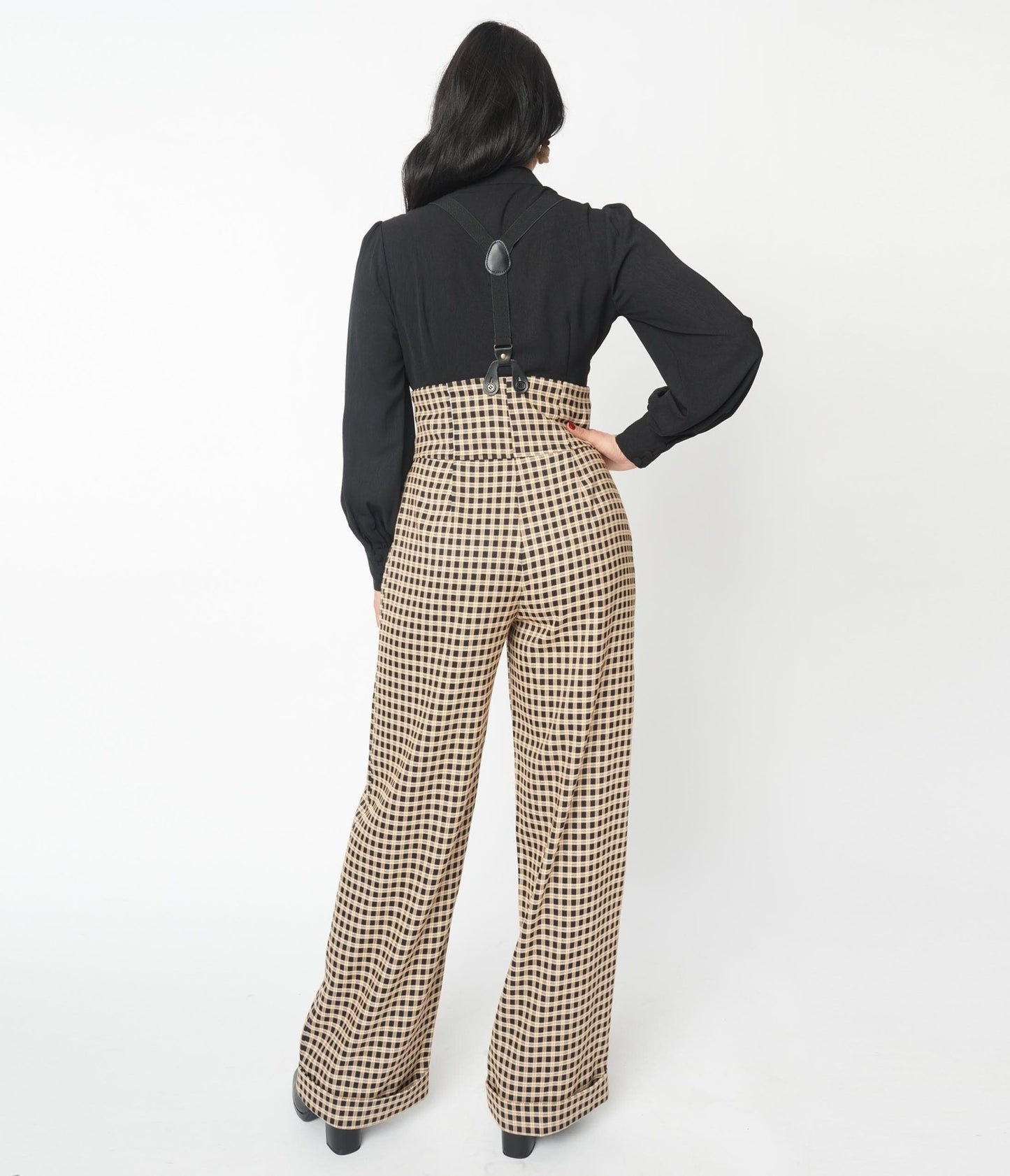 Unique Vintage Black & Beige Plaid Thelma Suspender Pants - Unique Vintage - Womens, BOTTOMS, PANTS