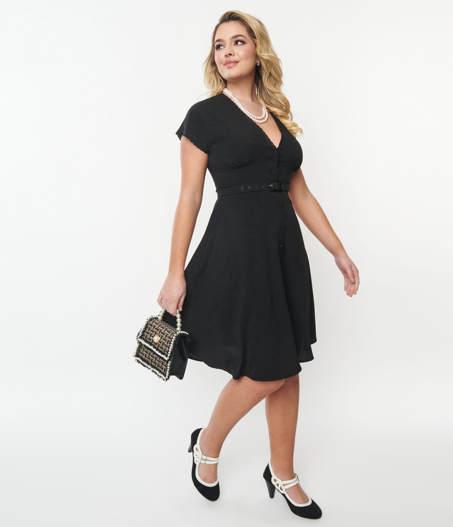 Unique Vintage Black Belted Swing Dress - Unique Vintage - Womens, DRESSES, SWING