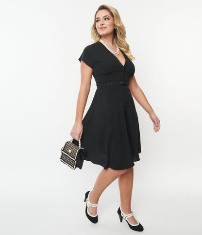Unique Vintage Black Belted Swing Dress - Unique Vintage - Womens, DRESSES, SWING
