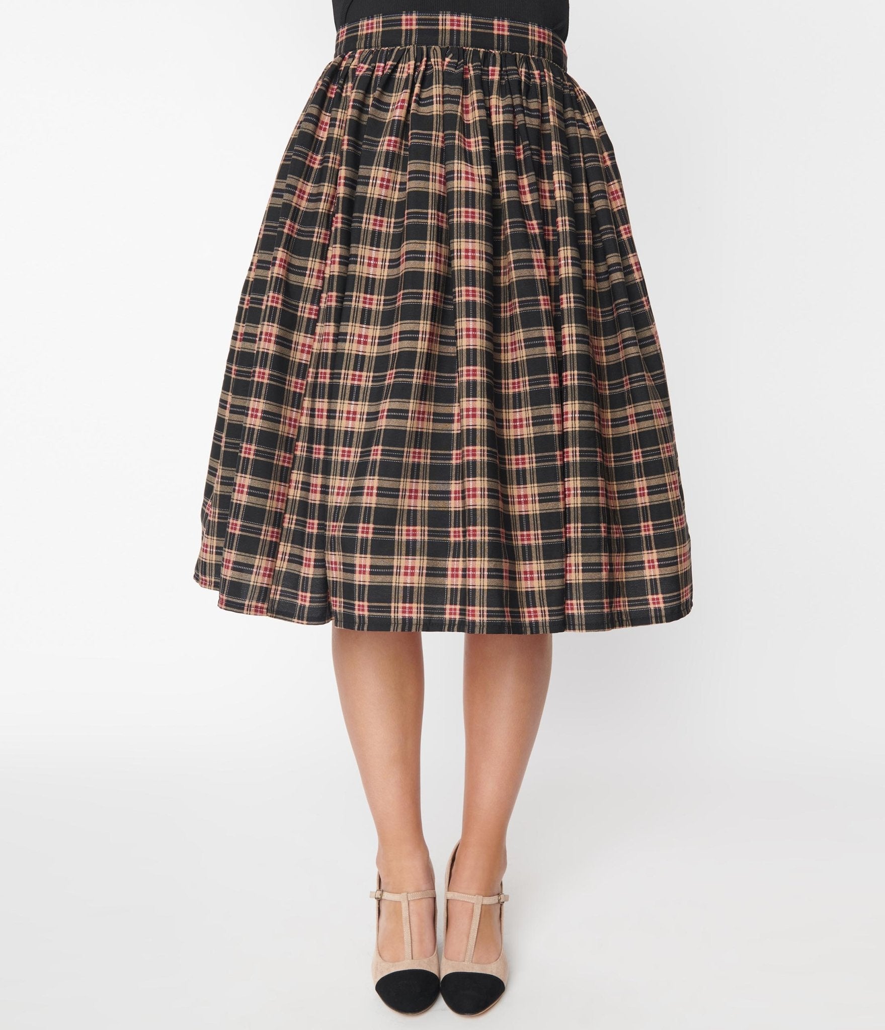 Unique Vintage Black Burgundy Plaid Gellar Swing Skirt
