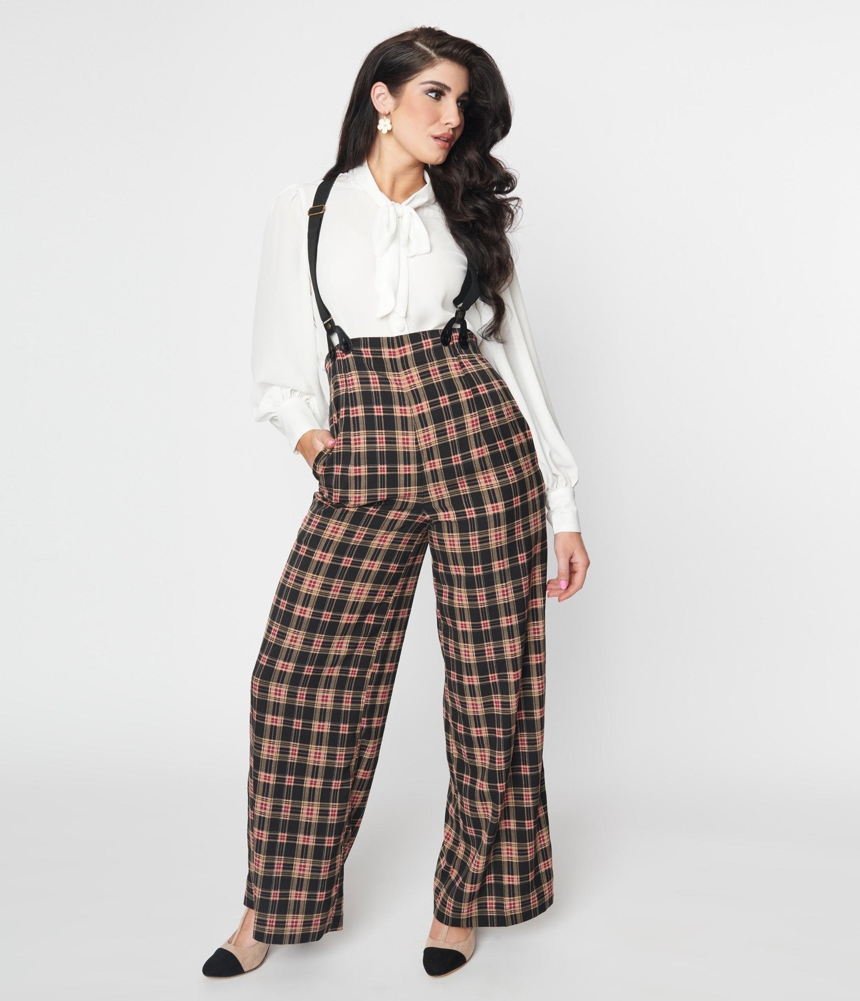 Unique Vintage 1930s Black Burgundy Plaid High Waist Suspender Pants
