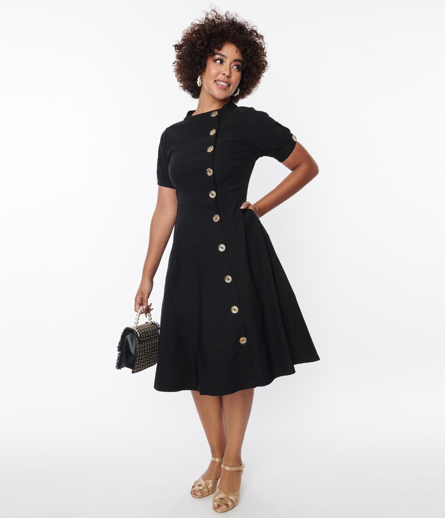 Unique Vintage Black Button Swing Dress - Unique Vintage - Womens, DRESSES, SWING