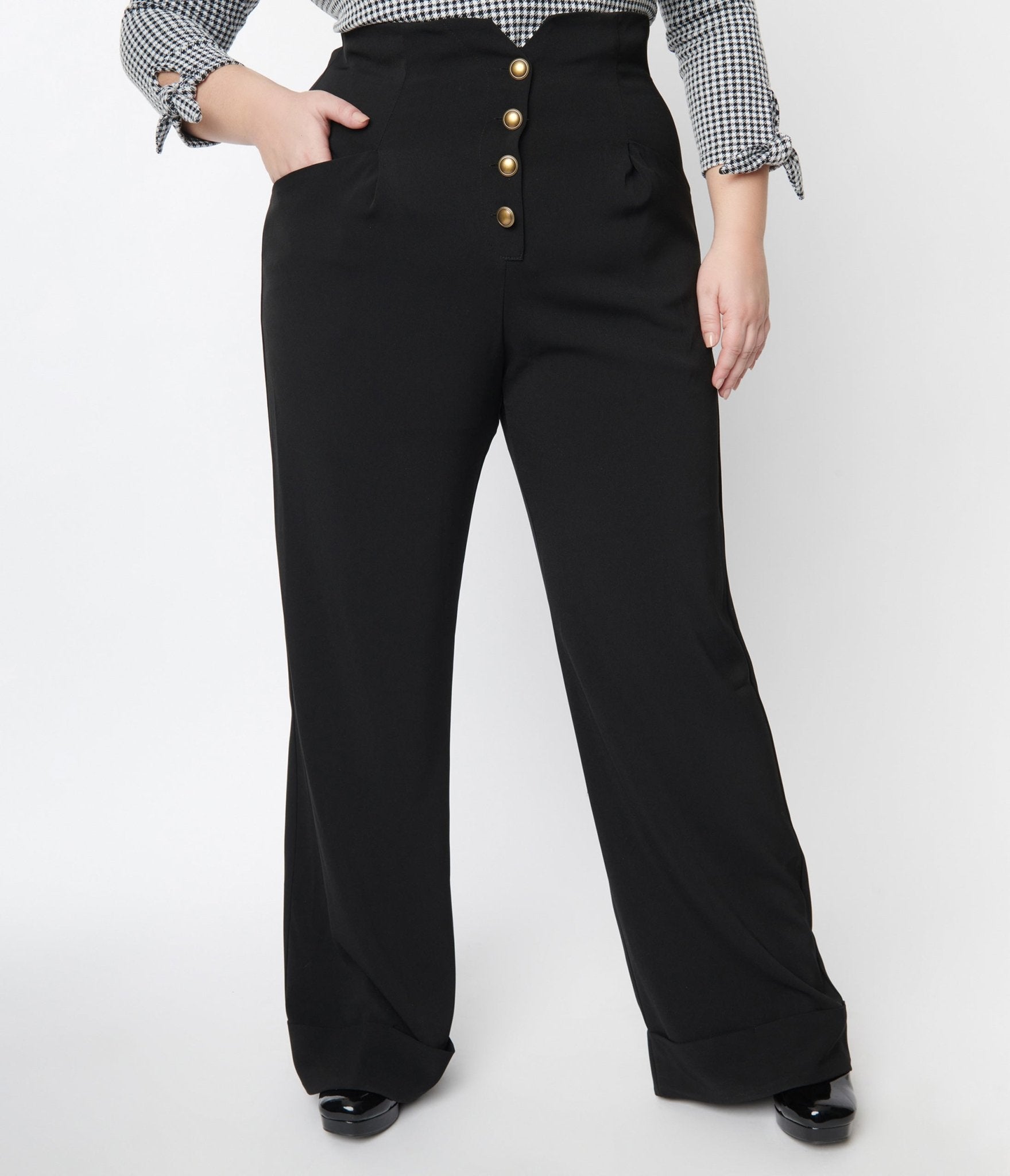 Retro Vintage Unique Vintage Black Buttoned Wide Leg Trousers