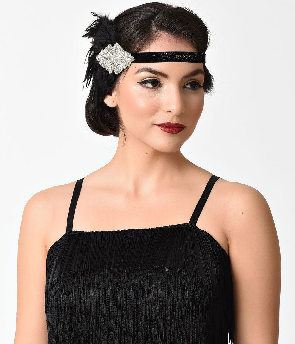 Unique Vintage Black Coque Feather & Silver Rhinestone Headband - Unique Vintage - Womens, ACCESSORIES, FLAPPER