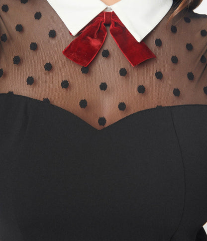 Unique Vintage Black Dot Mesh Collared Fit & Flare Dress - Unique Vintage - Womens, DRESSES, FIT AND FLARE