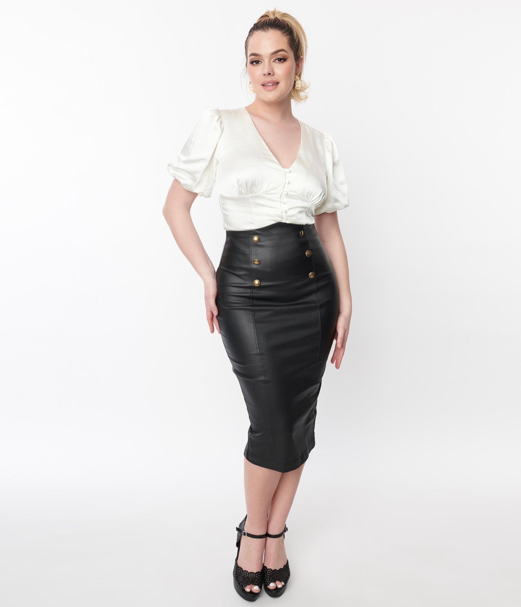 Unique Vintage Black Faux Leather Sailor Sierra Pencil Skirt - Unique Vintage - Womens, BOTTOMS, SKIRTS