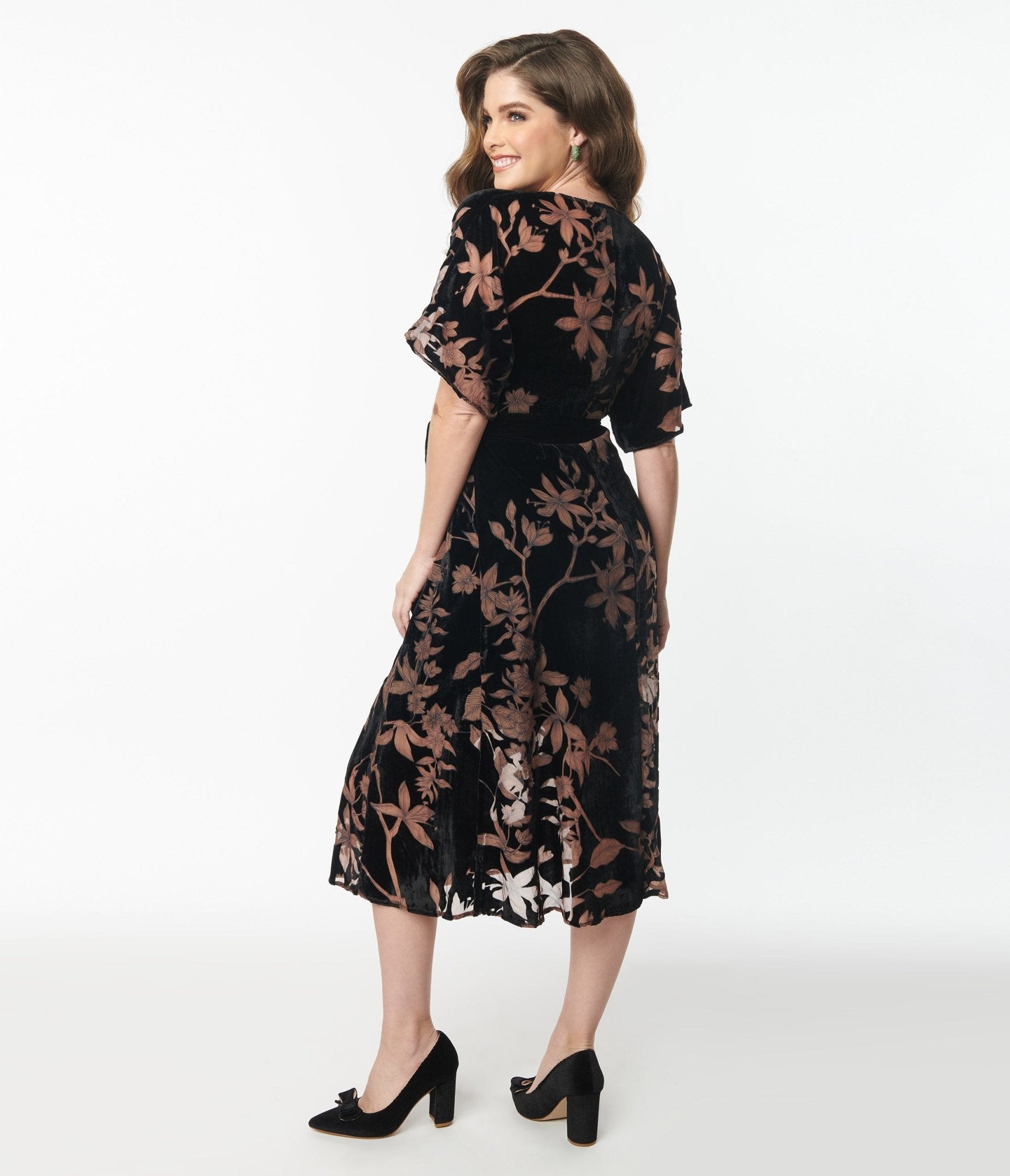 Retro Vintage Unique Vintage Black Floral Velvet Wrap Midi Dress