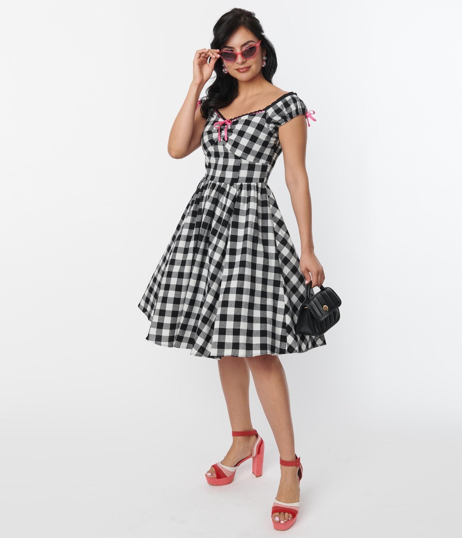 Unique Vintage Black Gingham Cap Sleeve Swing Dress