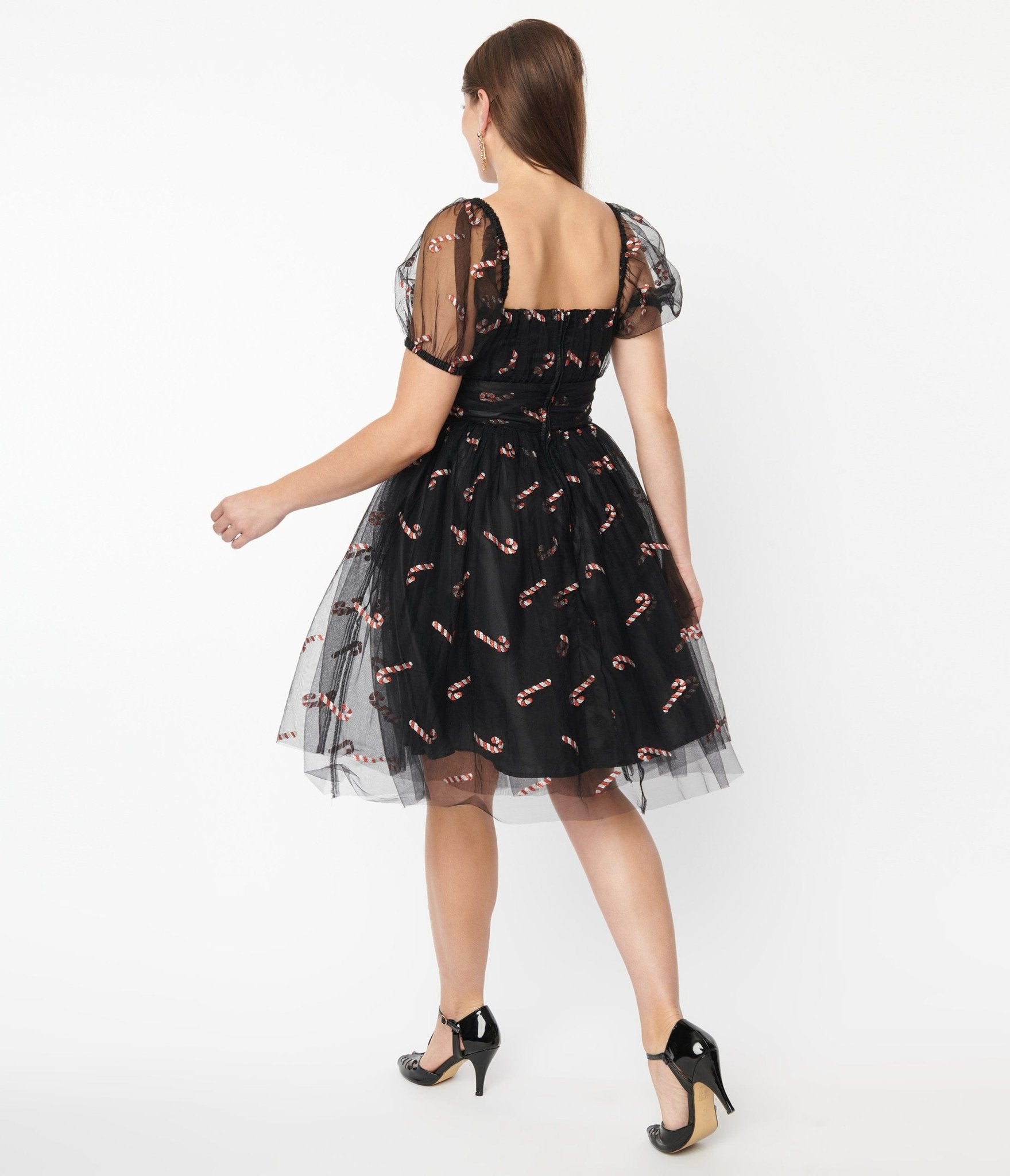 Unique Vintage Black & Glitter Candy Canes Babydoll Dress - Unique Vintage - Womens, DRESSES, PROM AND SPECIAL OCCASION