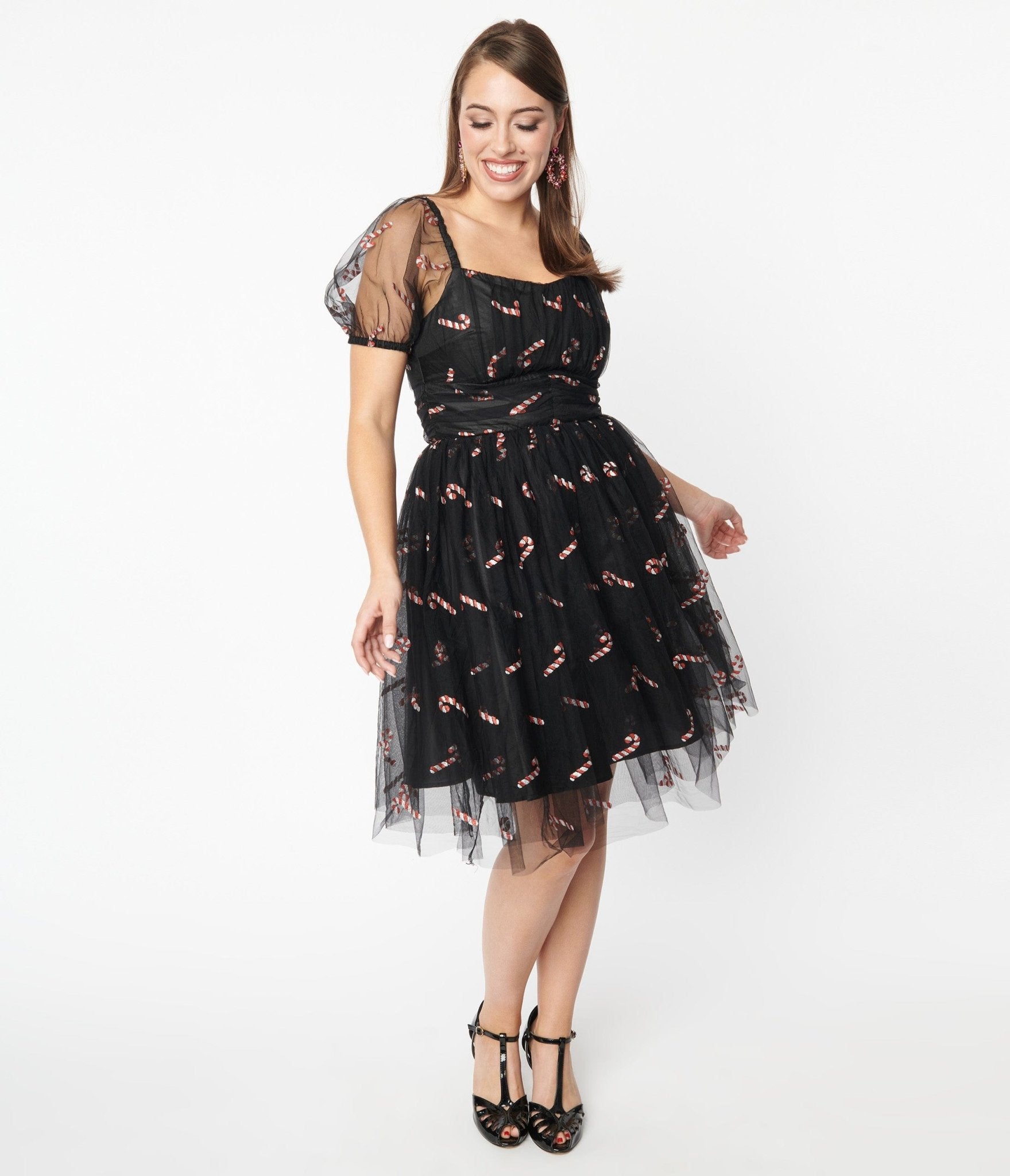 Unique Vintage Black & Glitter Candy Canes Babydoll Dress Unique Vintage Black & Glitter Candy Canes Babydoll Dress