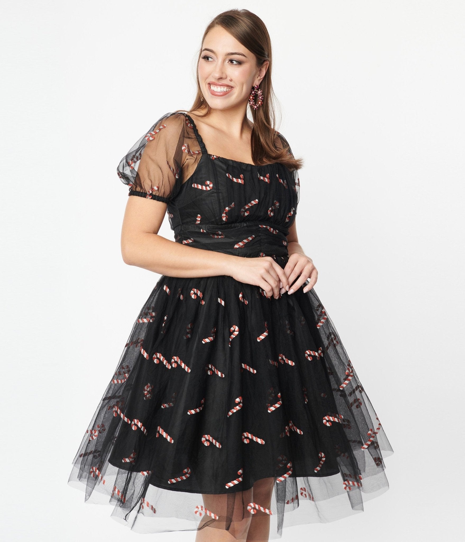 Unique Vintage Black & Glitter Candy Canes Babydoll Dress - Unique Vintage - Womens, DRESSES, PROM AND SPECIAL OCCASION