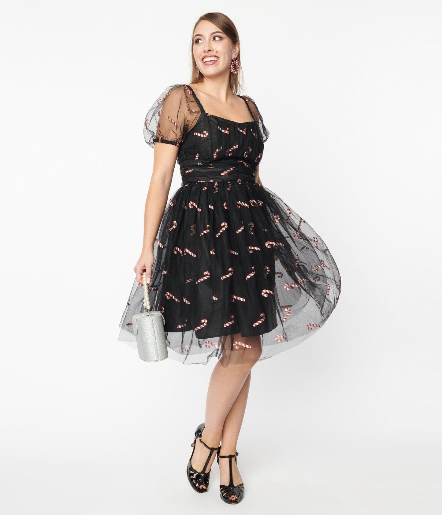 Unique Vintage Black & Glitter Candy Canes Babydoll Dress - Unique Vintage - Womens, DRESSES, PROM AND SPECIAL OCCASION