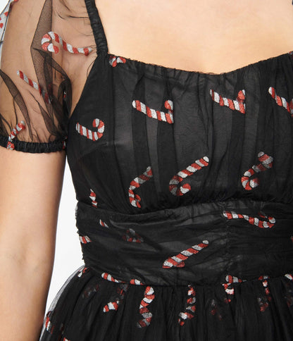 Unique Vintage Black & Glitter Candy Canes Babydoll Dress - Unique Vintage - Womens, DRESSES, PROM AND SPECIAL OCCASION