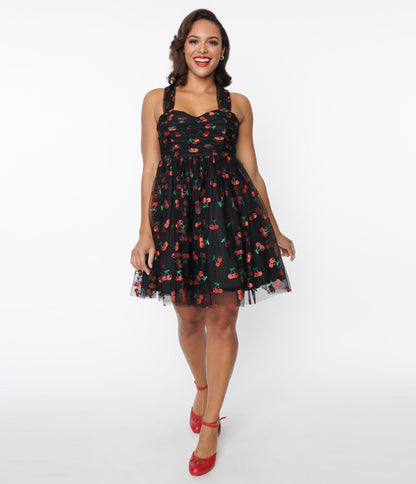 Unique Vintage Black & Glitter Cherry Print Heart & Soul Babydoll Dress - Unique Vintage - Womens, DRESSES, BABYDOLL