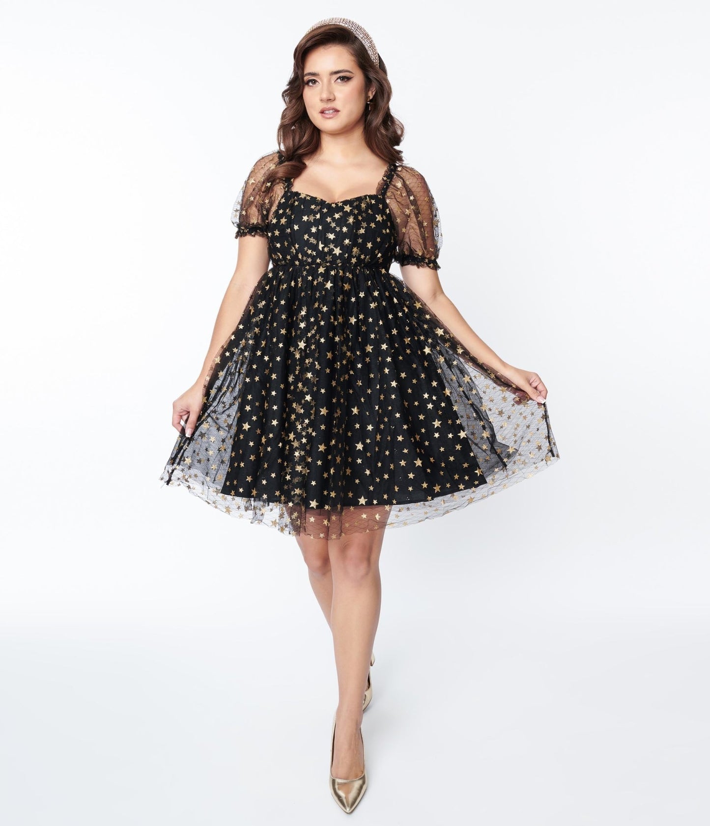 Unique Vintage Black Gold Star Mesh Babydoll Belle Dress - Unique Vintage - Womens, DRESSES, BABYDOLL