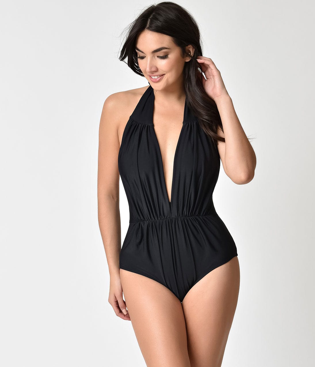 Unique Vintage Black Halter Shirred Derek One Piece Swimsuit - Unique Vintage - Womens, SWIM, 1 PC