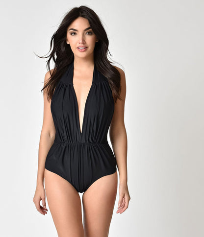 Unique Vintage Black Halter Shirred Derek One Piece Swimsuit - Unique Vintage - Womens, SWIM, 1 PC