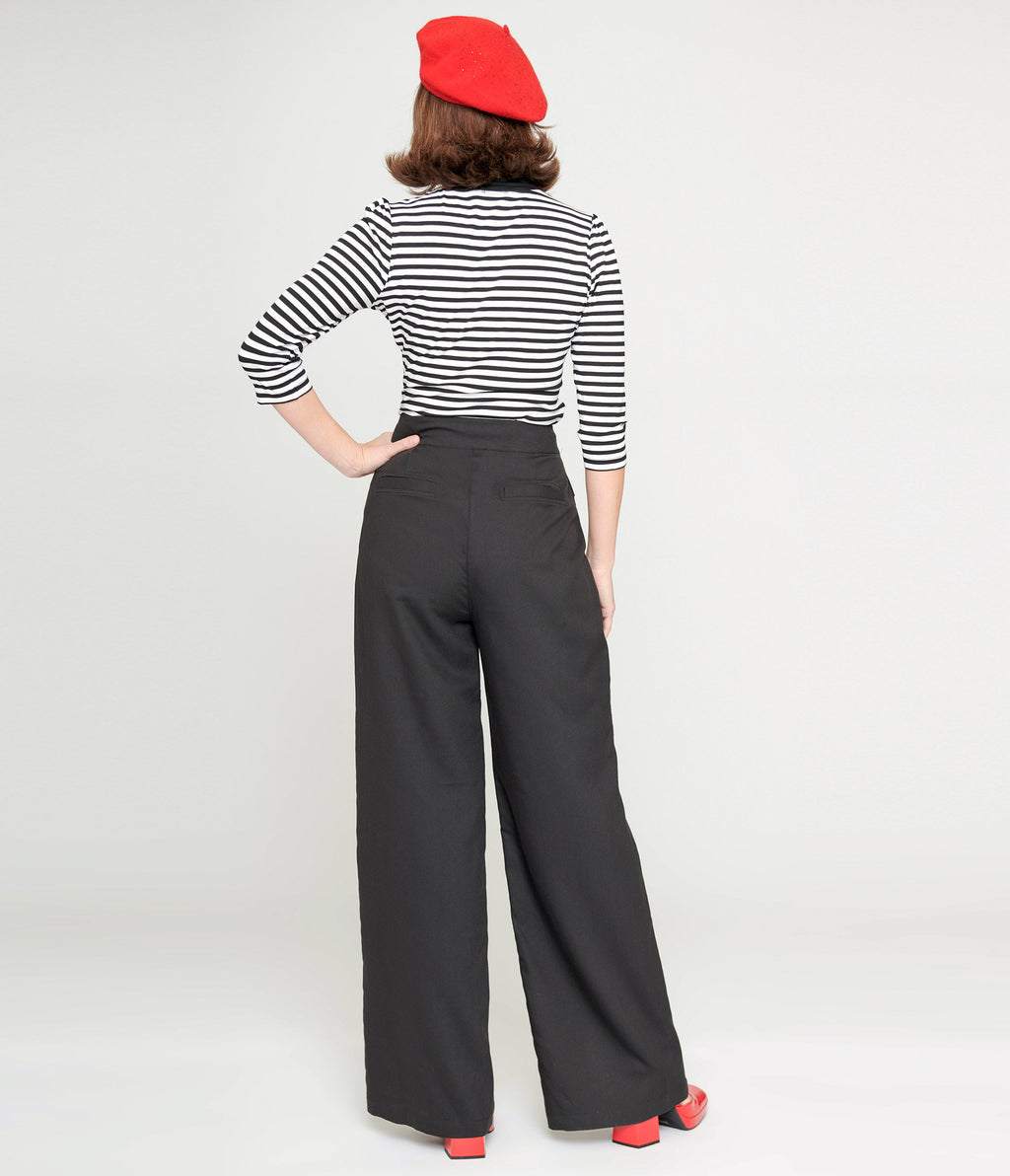Unique Vintage Black High Waist Wide Leg Tab Pants - Unique Vintage - Womens, BOTTOMS, PANTS