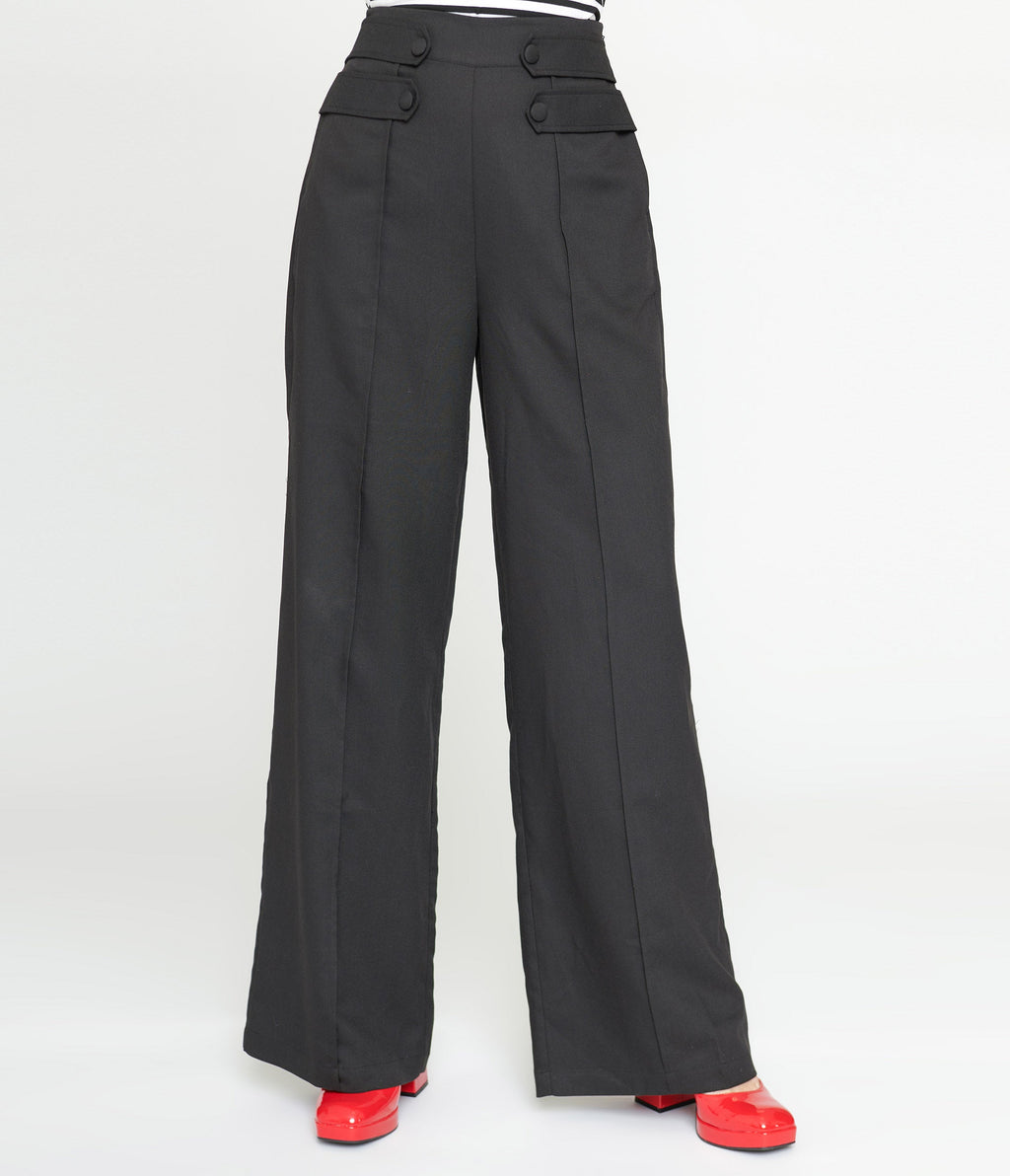 Unique Vintage Black High Waist Wide Leg Tab Pants - Unique Vintage - Womens, BOTTOMS, PANTS