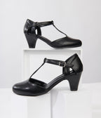 Unique Vintage Black Leatherette Closed Toe T-Strap Roxy Pumps - Unique Vintage - Womens, SHOES, HEELS