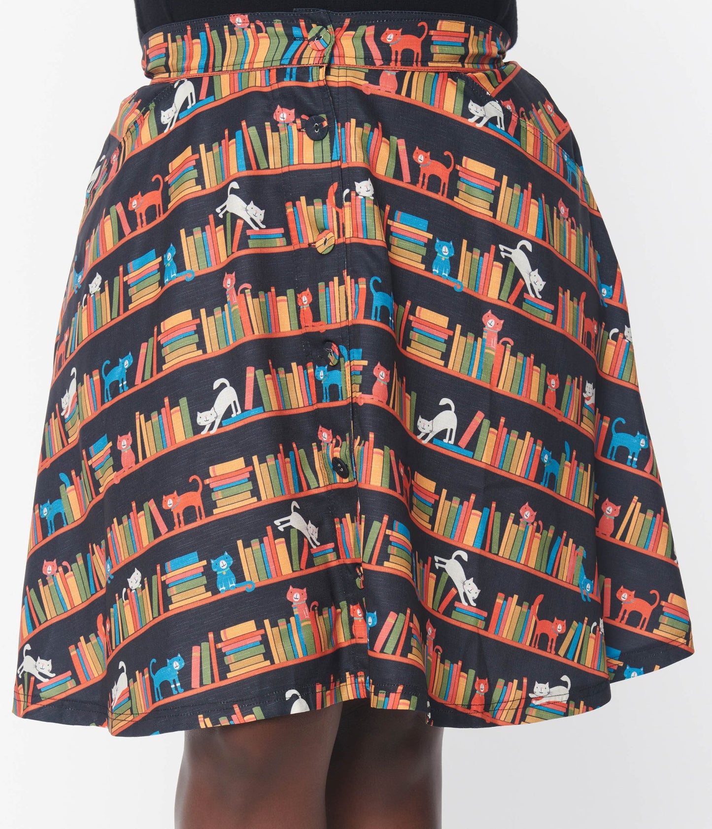 Unique Vintage Black Library Cats Buttoned Swing Skirt - Unique Vintage - Womens, BOTTOMS, SKIRTS