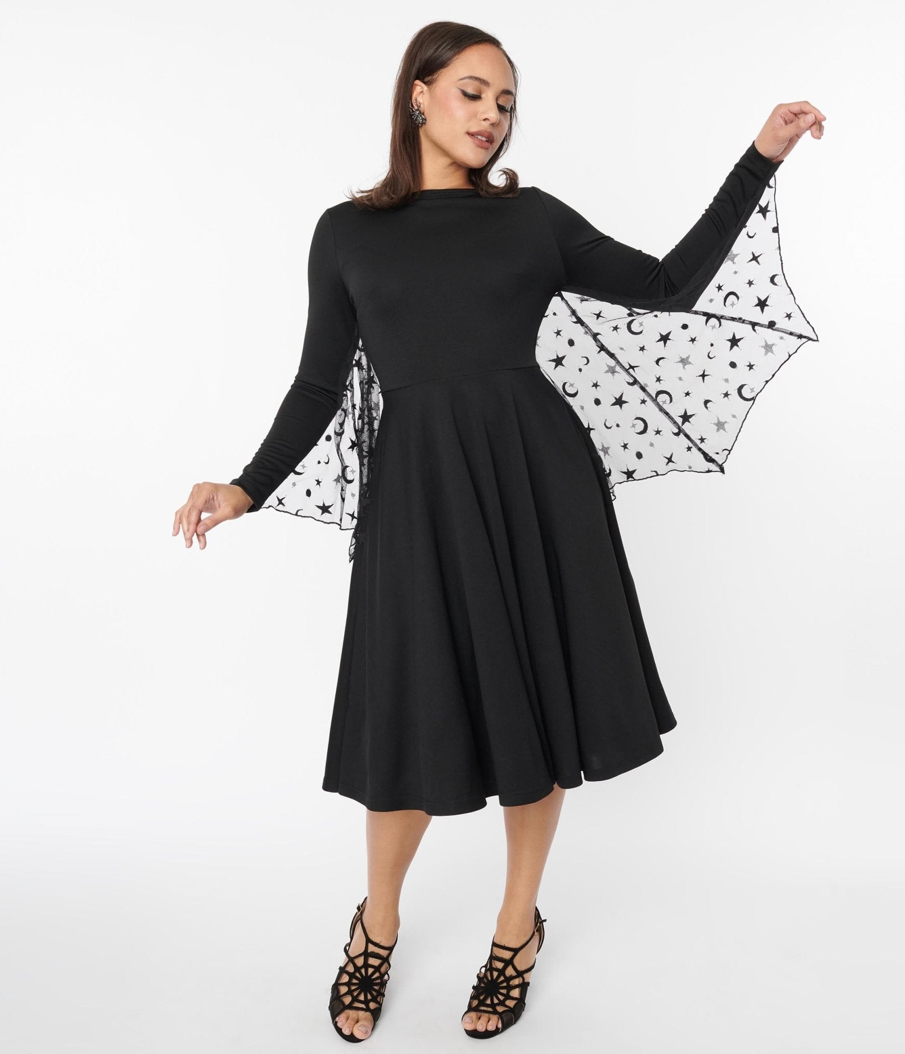 Unique Vintage Black & Mesh Bat Swing Dress - Unique Vintage - Womens, HALLOWEEN, DRESSES