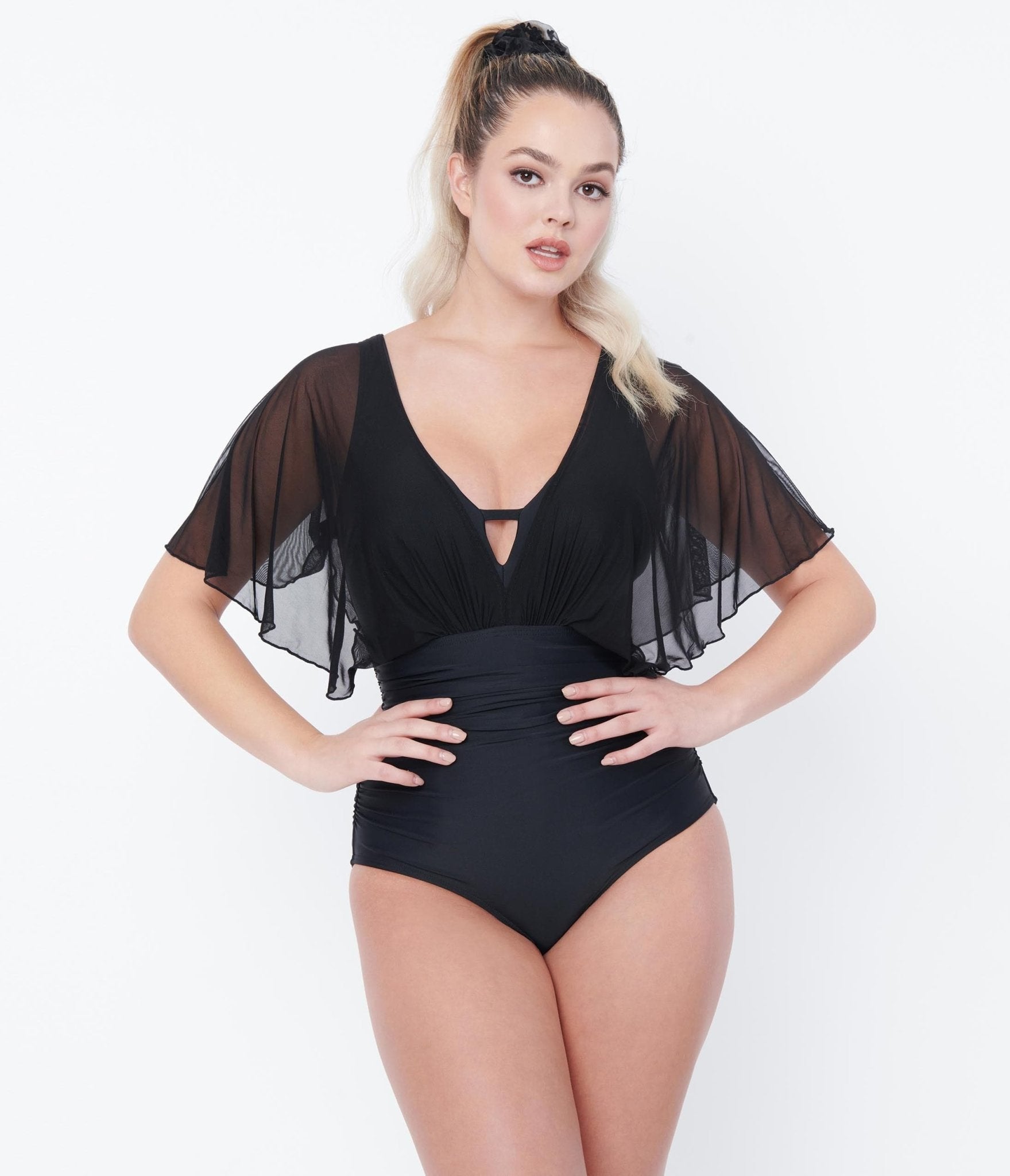 Unique Vintage Black Mesh Sleeved Torrey Swimsuit - Unique Vintage - Womens, SWIM, 1 PC