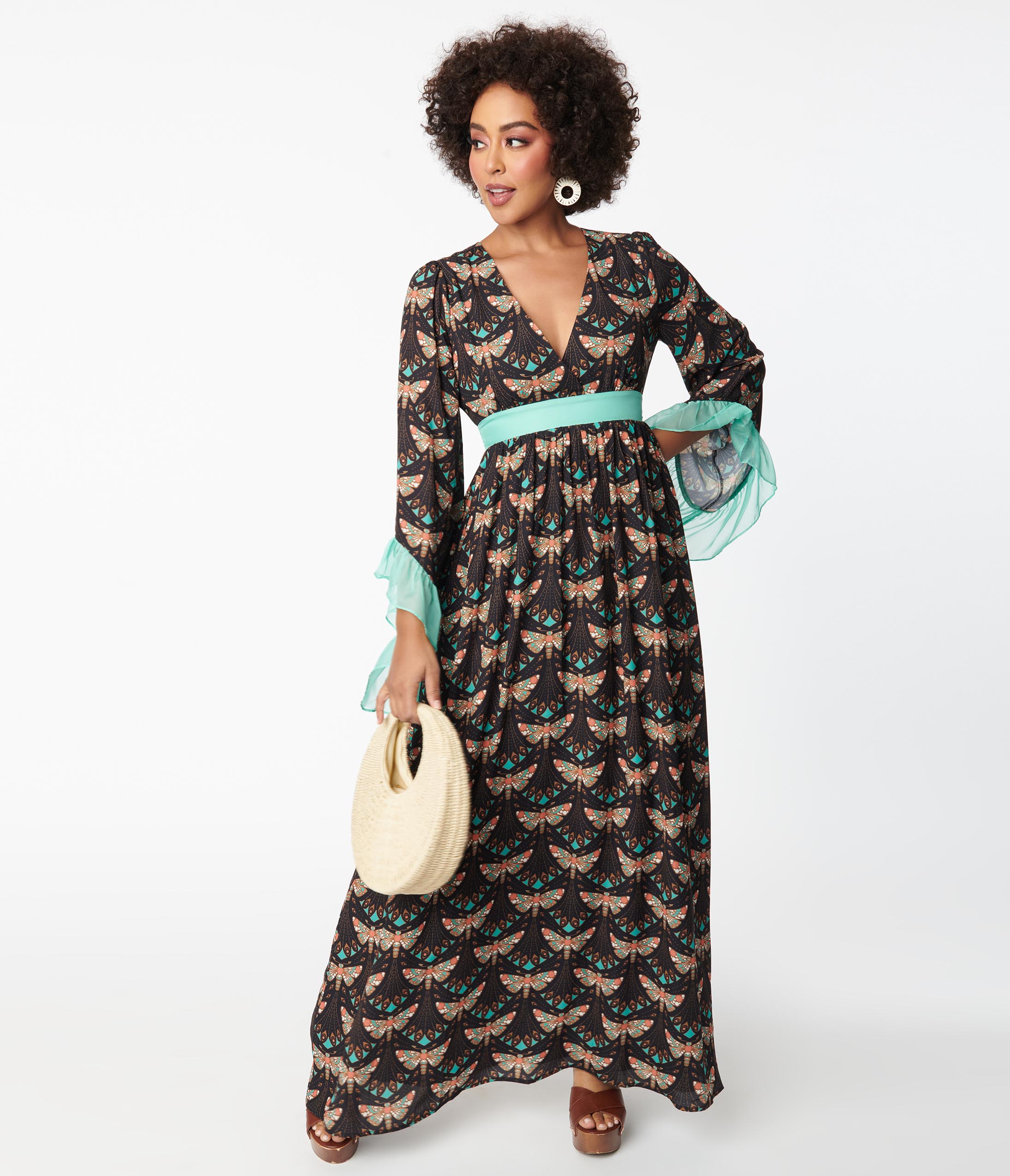 Unique Vintage 1970s Black Mint Moth Print Maxi Dress