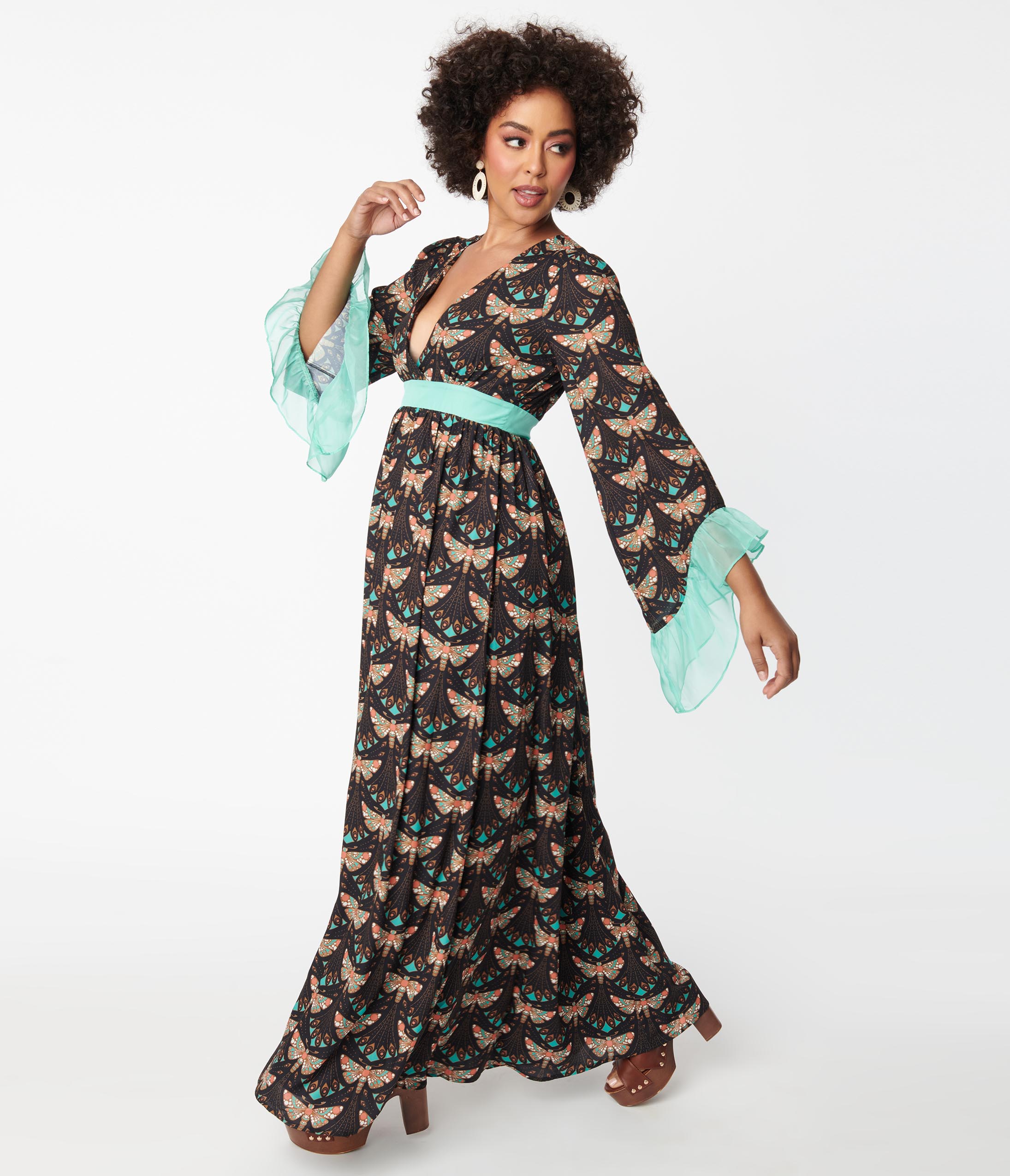 Unique Vintage 1970s Black Mint Moth Print Maxi Dress