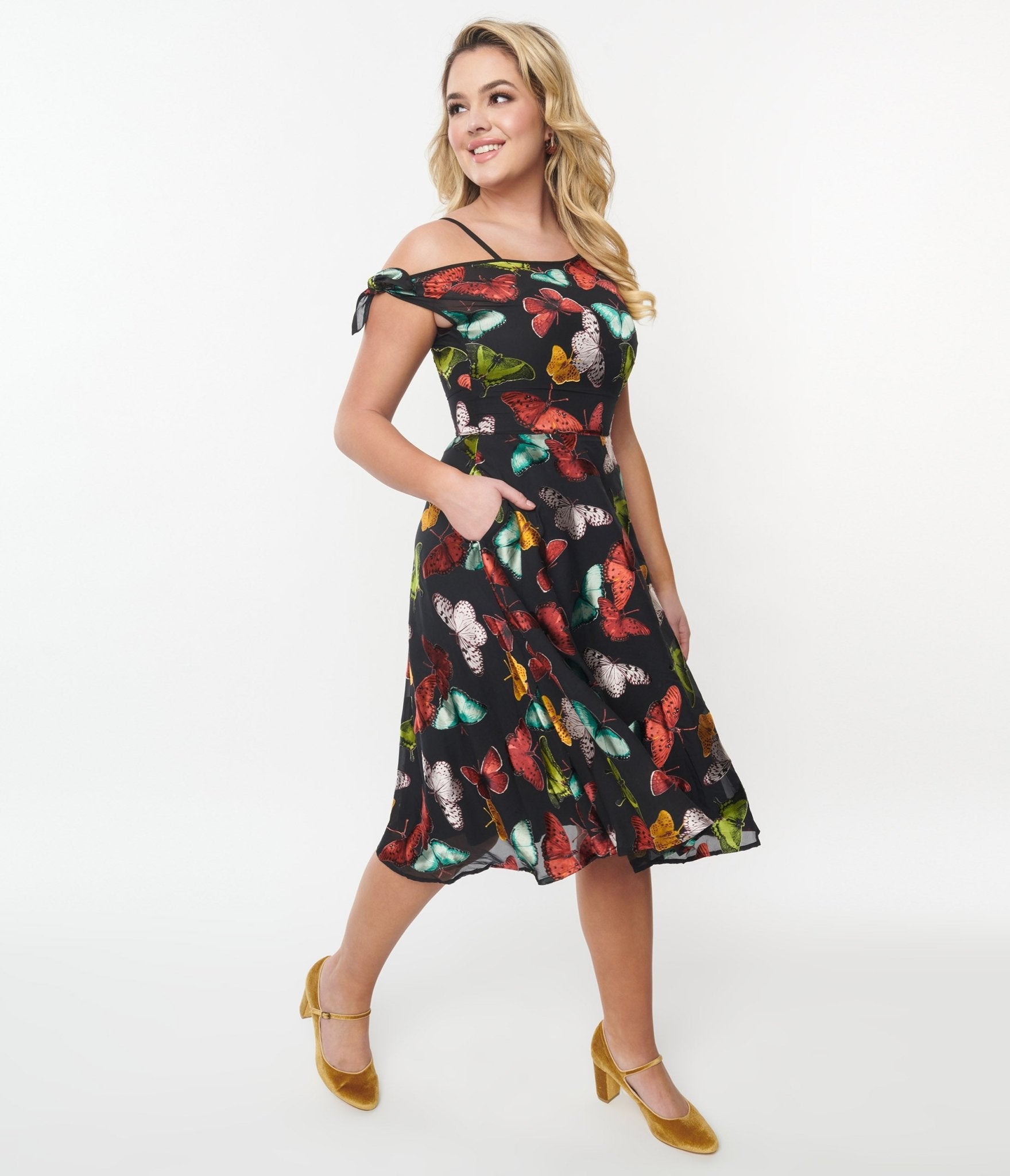 Retro Vintage Unique Vintage Black Multi Butterfly Swing Dress