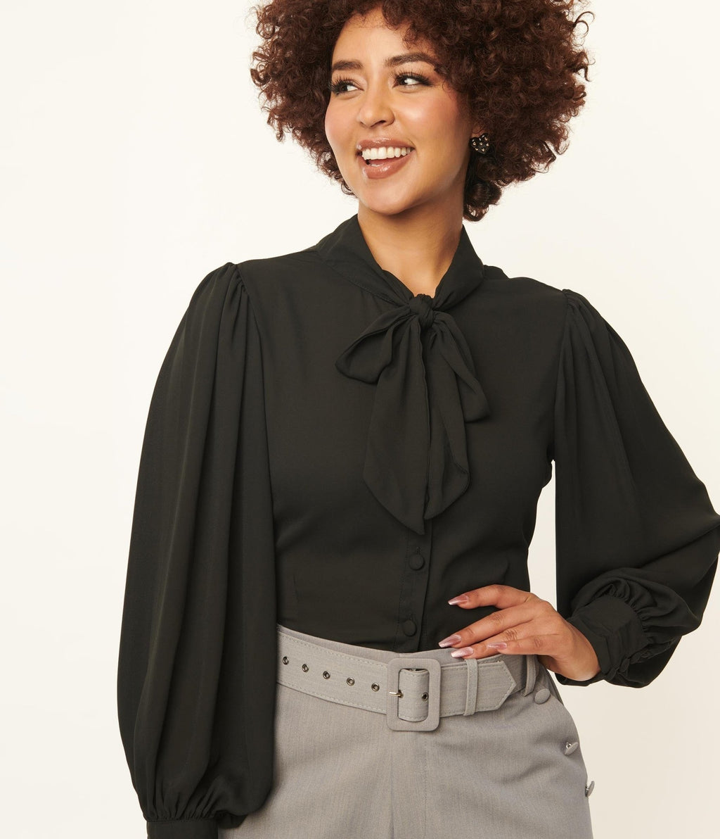 Unique Vintage Black Neck Tie Gwen Blouse - Unique Vintage - Womens, TOPS, WOVEN TOPS