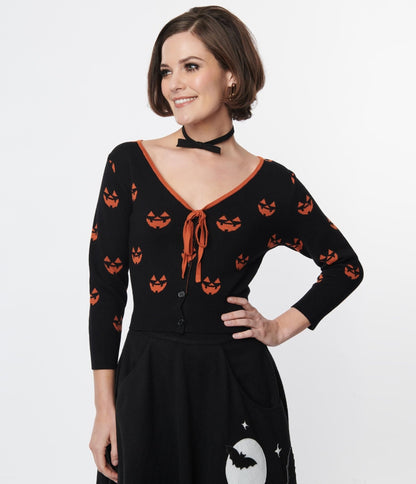 Unique Vintage Black & Orange Pumpkin Crop Cardigan - Unique Vintage - Womens, HALLOWEEN, TOPS
