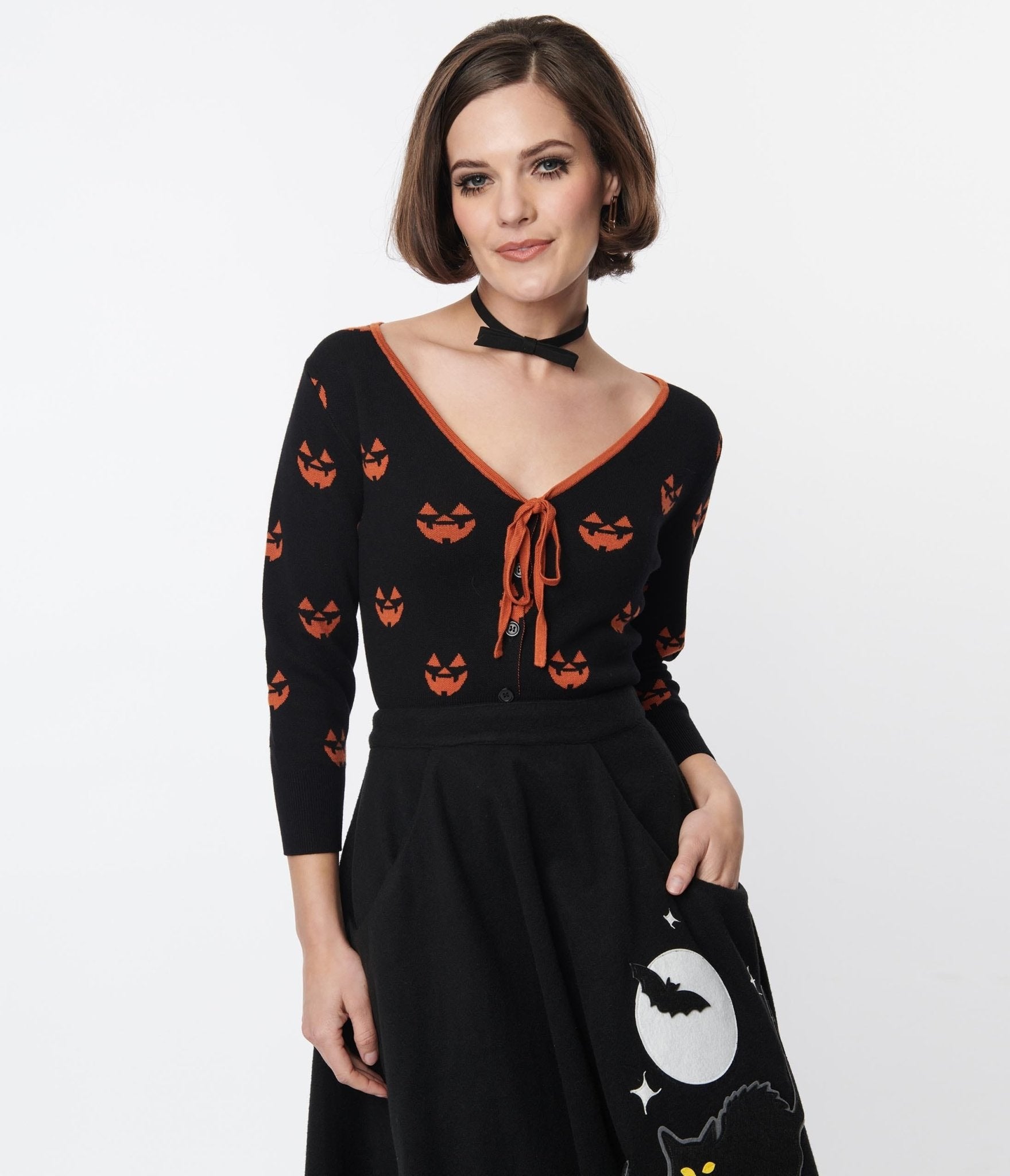 Unique Vintage Black & Orange Pumpkin Crop Cardigan - Unique Vintage - Womens, HALLOWEEN, TOPS