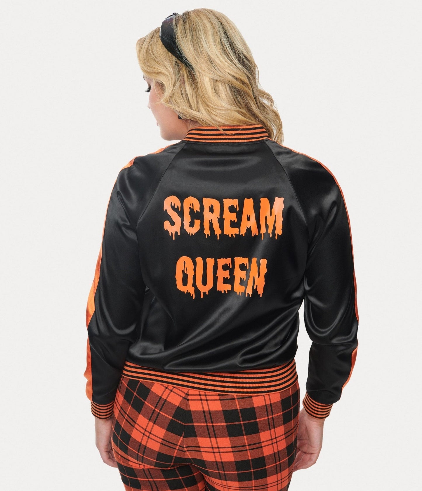 Unique Vintage Black & Orange Scream Queen Satin Bomber Jacket - Unique Vintage - Womens, HALLOWEEN, TOPS