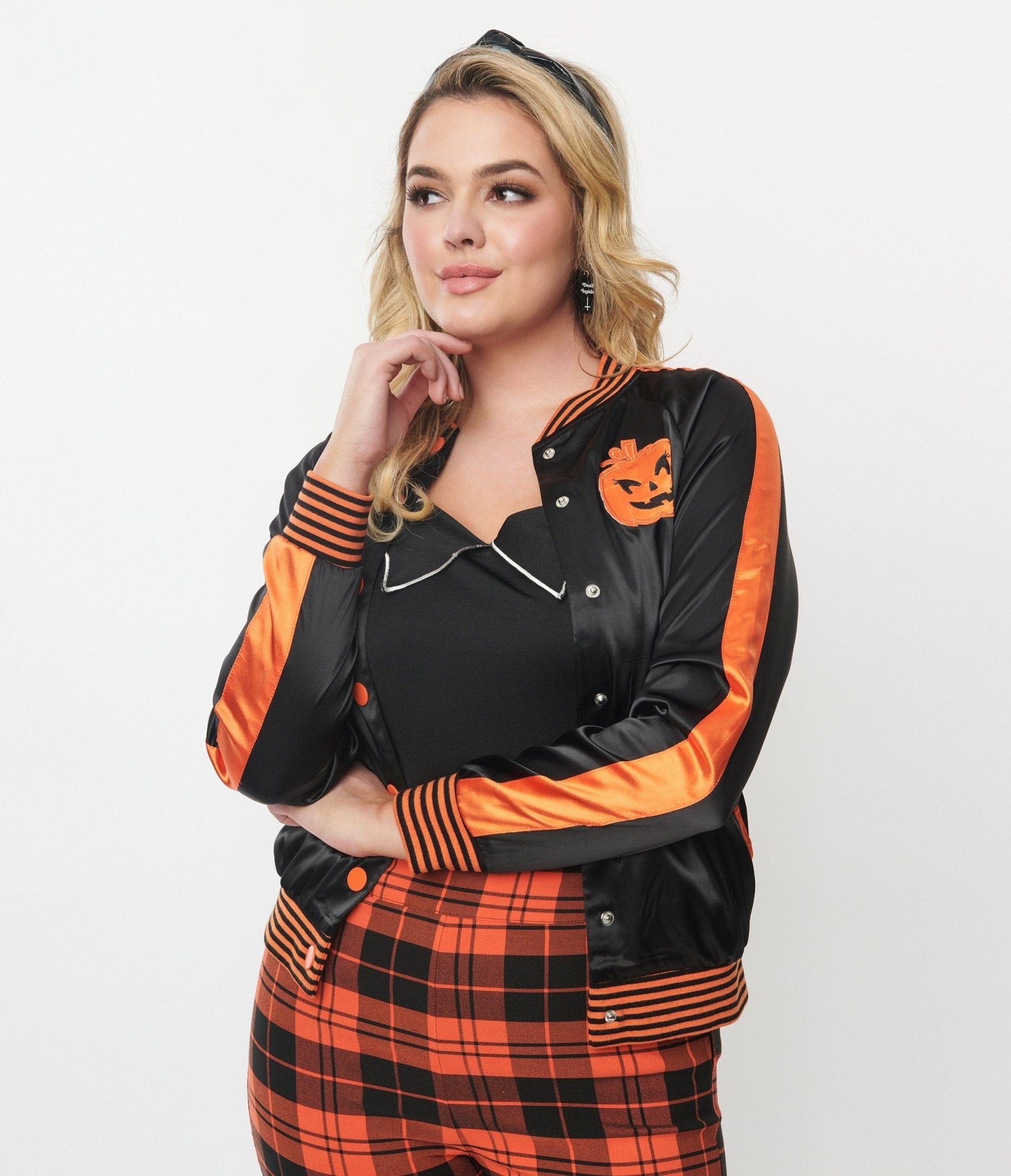 Unique Vintage Black & Orange Scream Queen Satin Bomber Jacket - Unique Vintage - Womens, HALLOWEEN, TOPS