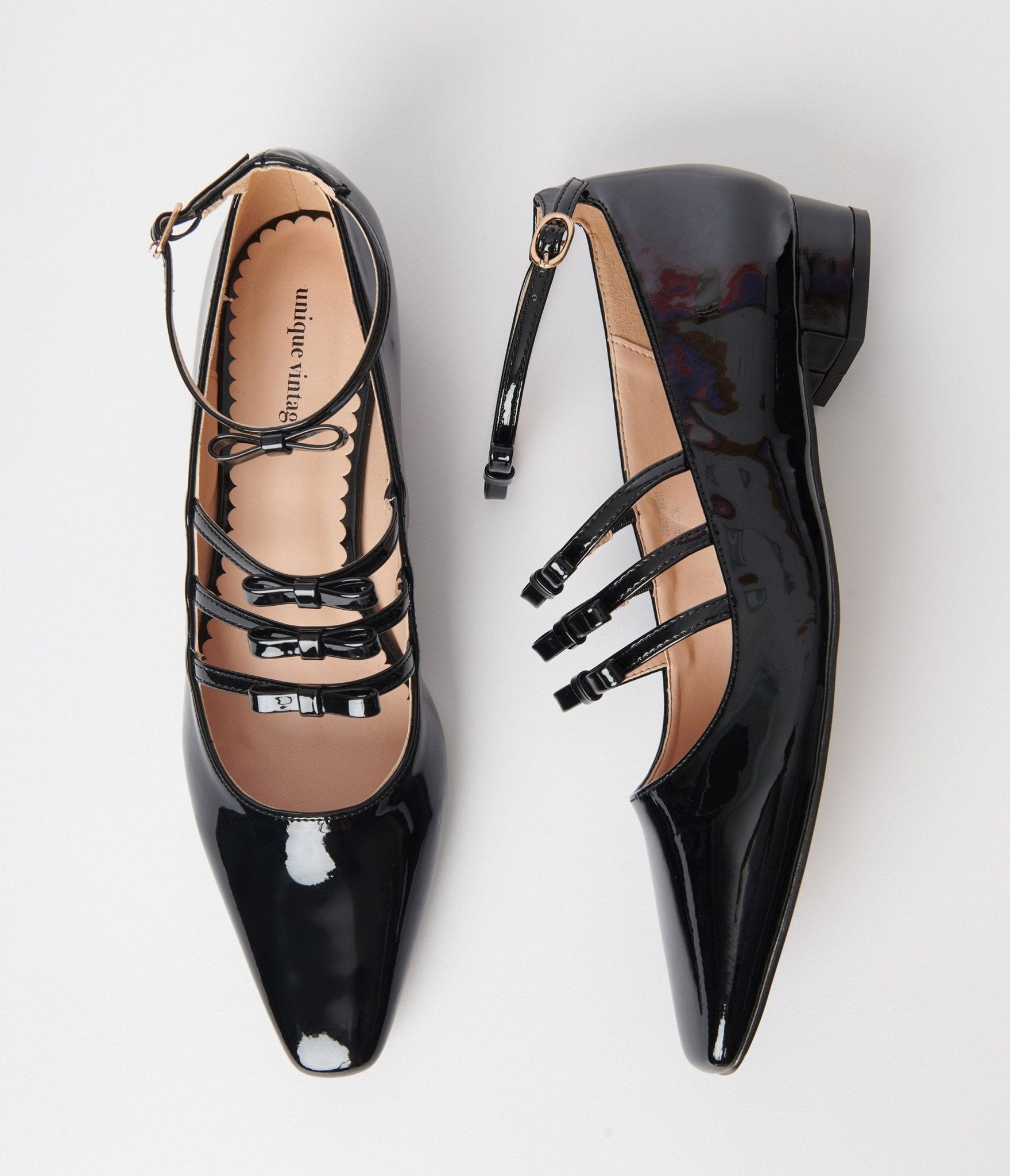 Unique Vintage Black Patent Strappy Bow Mary Jane Shoes - Unique Vintage - Womens, SHOES, FLATS