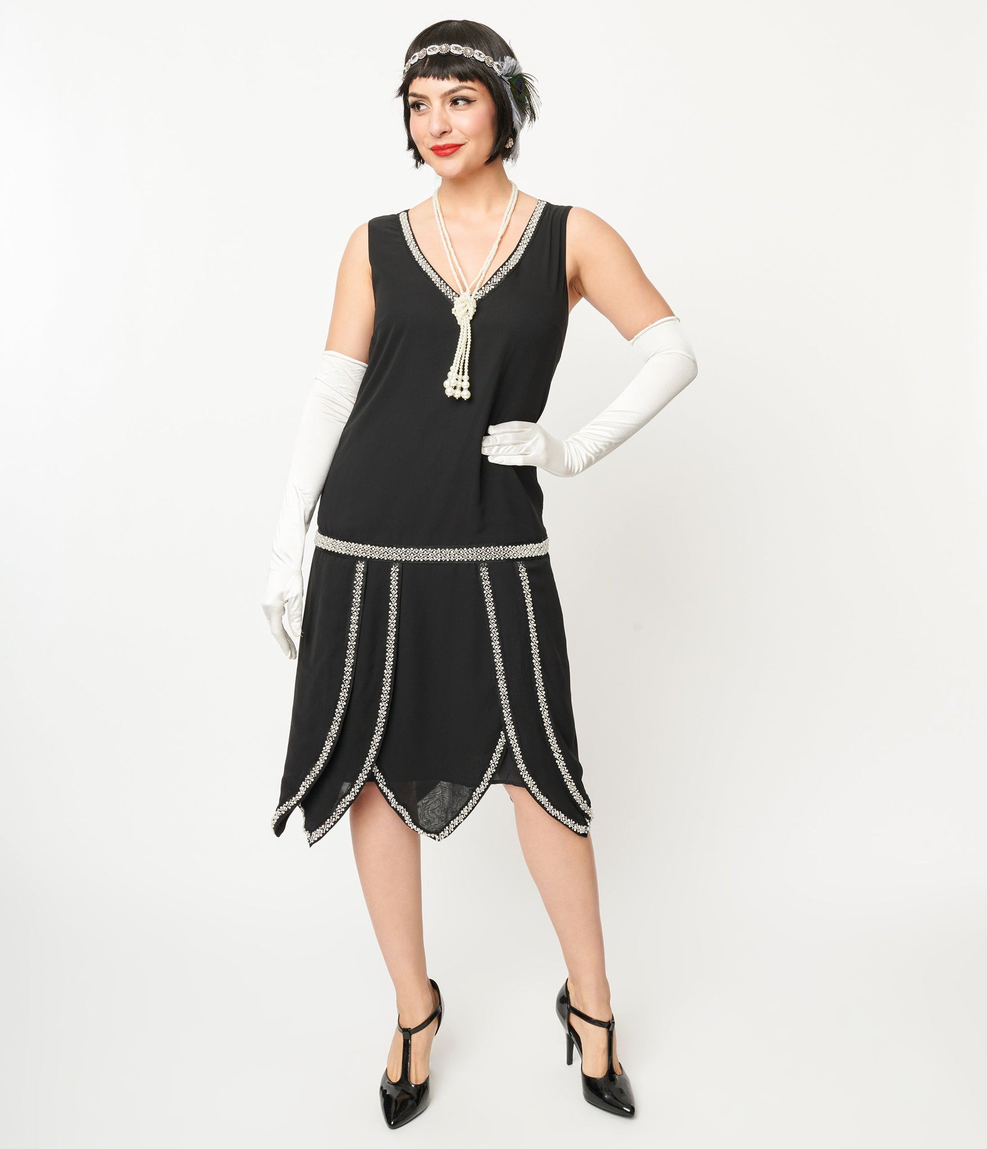 Unique Vintage Black & Pearl Beaded Petal Flapper Dress - Unique Vintage - Womens, FLAPPER, SLEEVELESS BEADED