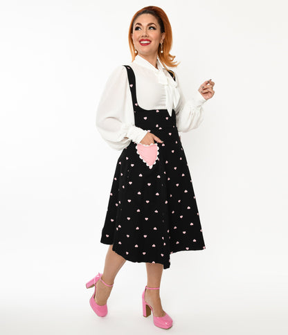 Unique Vintage Black & Pink Heart Amma Suspender Swing Skirt - Unique Vintage - Womens, BOTTOMS, SKIRTS