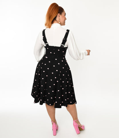 Unique Vintage Black & Pink Heart Amma Suspender Swing Skirt - Unique Vintage - Womens, BOTTOMS, SKIRTS