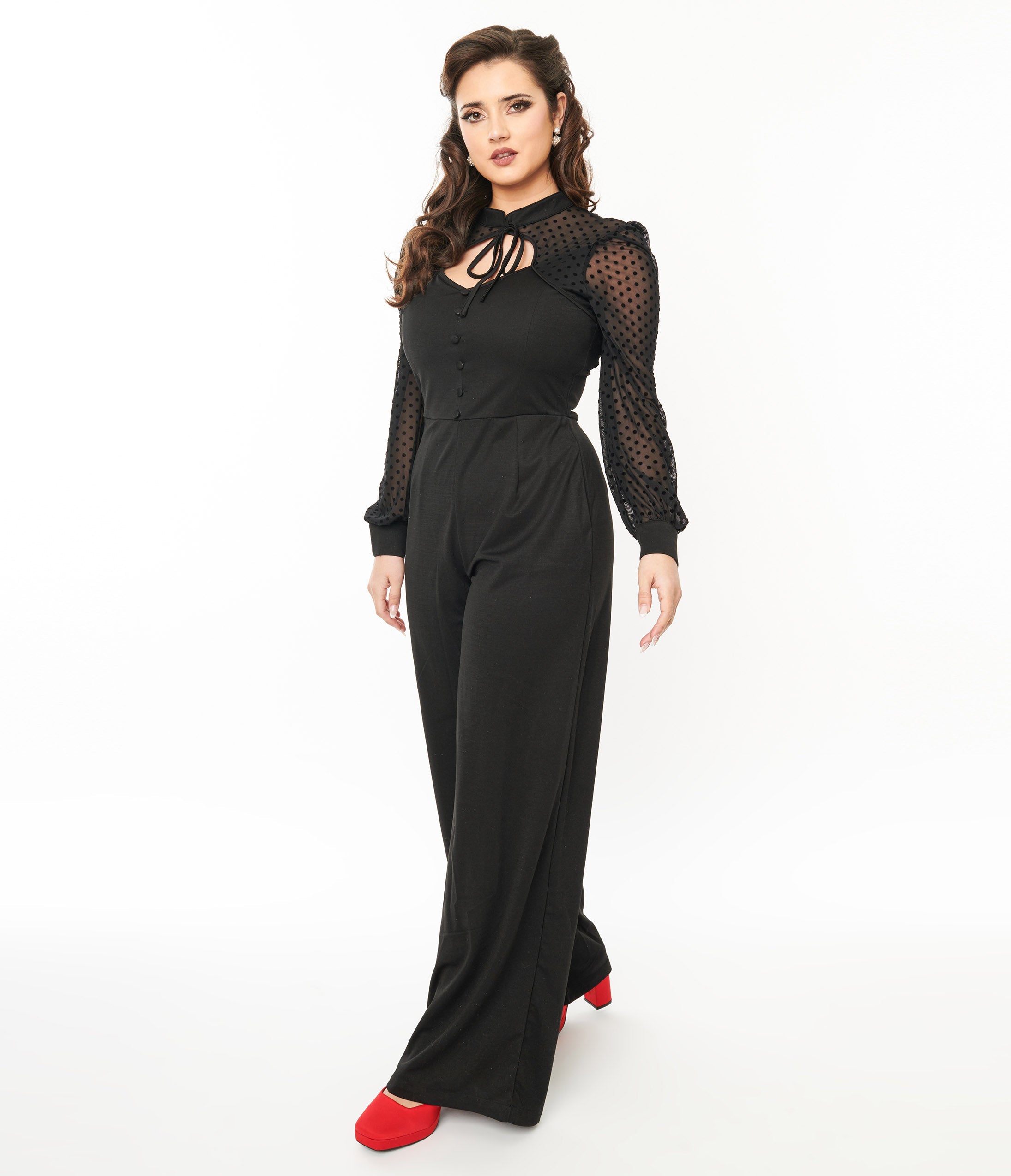 Unique Vintage 1970s Black Polka Dot Long Sleeve Jumpsuit