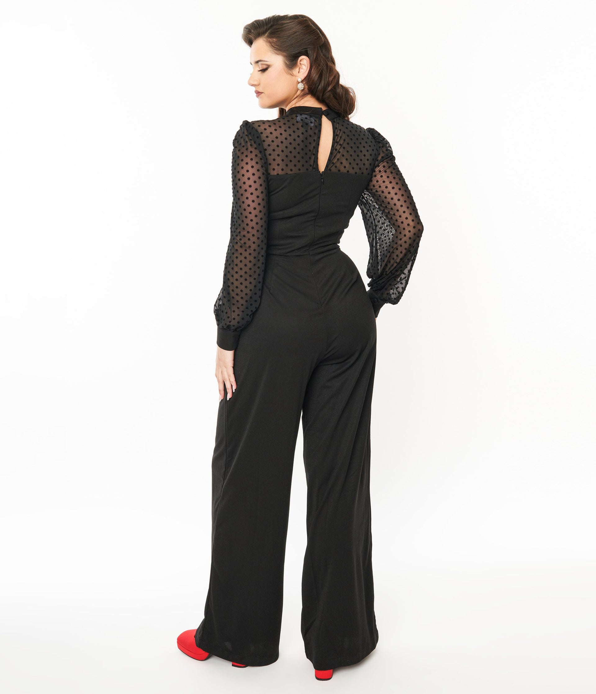 Unique Vintage Black & Polka Dot Long Sleeve Jumpsuit - Unique Vintage - Womens, BOTTOMS, ROMPERS AND JUMPSUITS